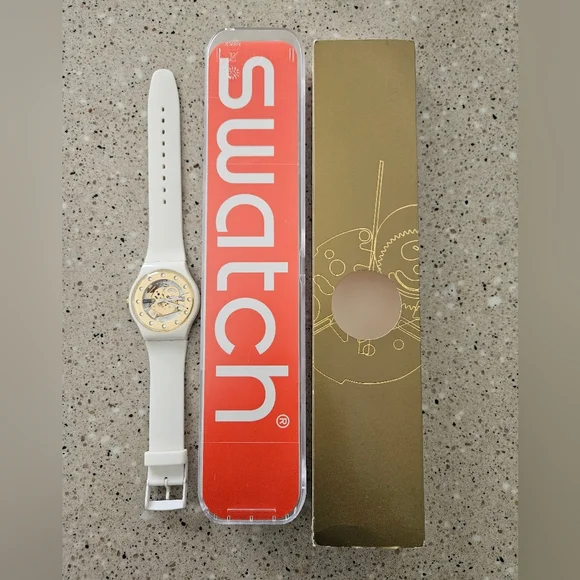 Swatch White Silicone Watch with Gold Transparent Dial and Swarovski Crystals - Picture 10 of 11
